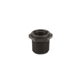 Black plastic threaded pipe reducer bushing with a hexagonal head for secure installation.