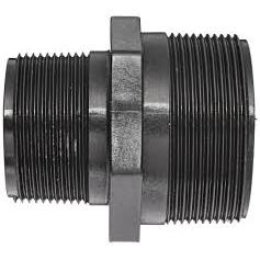 Black plastic threaded pipe adapter with a central hexagonal nut for secure plumbing connections.