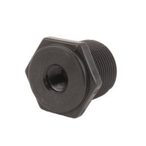 Black plastic hex head reducer bushing with threaded exterior and interior ports.