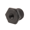Black plastic hex head reducer bushing with threaded exterior and interior ports.