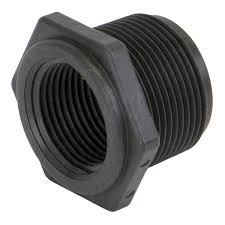 Black plastic hex bushing adapter with male and female threaded ends for plumbing connections.