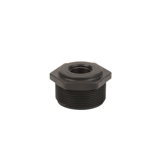 Black plastic hex bushing adapter with threaded exterior and interior, designed for plumbing pipe connections.