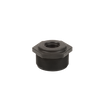 Black plastic hex bushing adapter with threaded exterior and interior, designed for plumbing pipe connections.