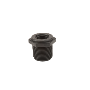 Black threaded pipe reducer bushing with a hexagonal nut head for secure industrial plumbing connections.