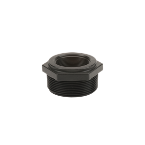 Black RB300-200 threaded pipe reducer bushing with a hexagonal center nut and durable plastic construction.