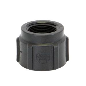 Black plastic RC150-125 threaded pipe coupling with a ribbed exterior and circular embossed branding on the side.