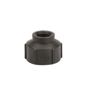 Black plastic RC200-100 (B) threaded pipe adapter with a ribbed exterior design for easy grip.