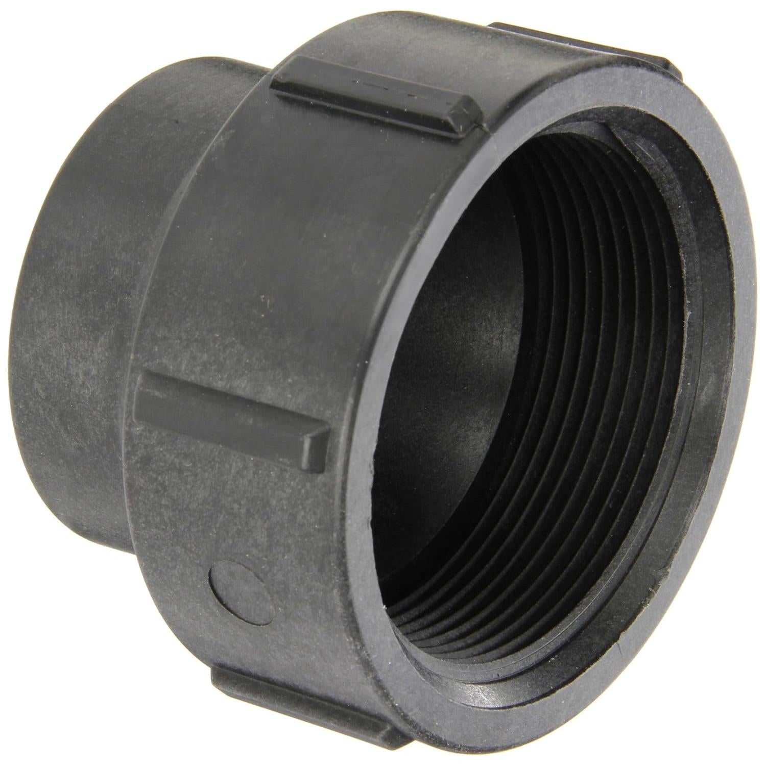 Black plastic threaded pipe adapter fitting with a smooth exterior and ribbed grip design for secure installation.