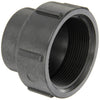 Black plastic threaded pipe adapter fitting with a smooth exterior and ribbed grip design for secure installation.