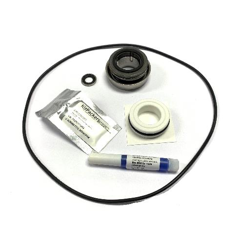 RK-GE-660 mechanical seal kit featuring a large black O-ring, metal and ceramic seal components, lubricant packet, and tube.