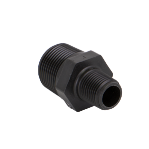 Black plastic hex reducing nipple pipe fitting with male threaded ends on a white background.