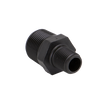 Black plastic hex reducing nipple pipe fitting with male threaded ends on a white background.