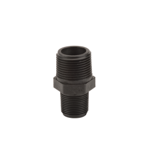 Black plastic hex nipple pipe fitting with male threaded ends for plumbing connections.
