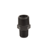 Black plastic hex nipple pipe fitting with male threaded ends for plumbing connections.