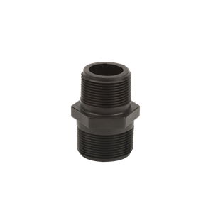 Black plastic threaded hex nipple pipe fitting with male ends for plumbing connections.