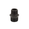 Black plastic threaded hex nipple pipe fitting with male ends for plumbing connections.