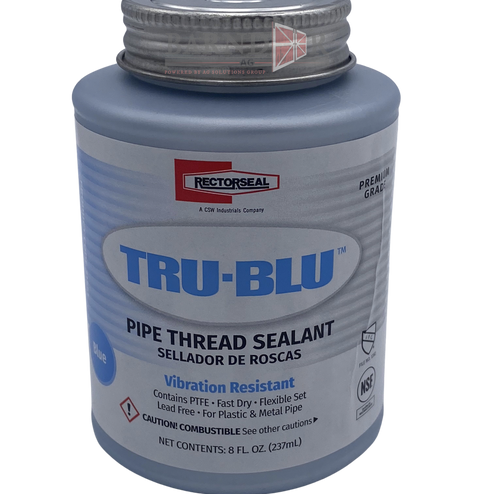 RectorSeal Tru-Blu pipe thread sealant in an 8 fl. oz. blue bottle with a metal screw cap for plastic and metal pipes.