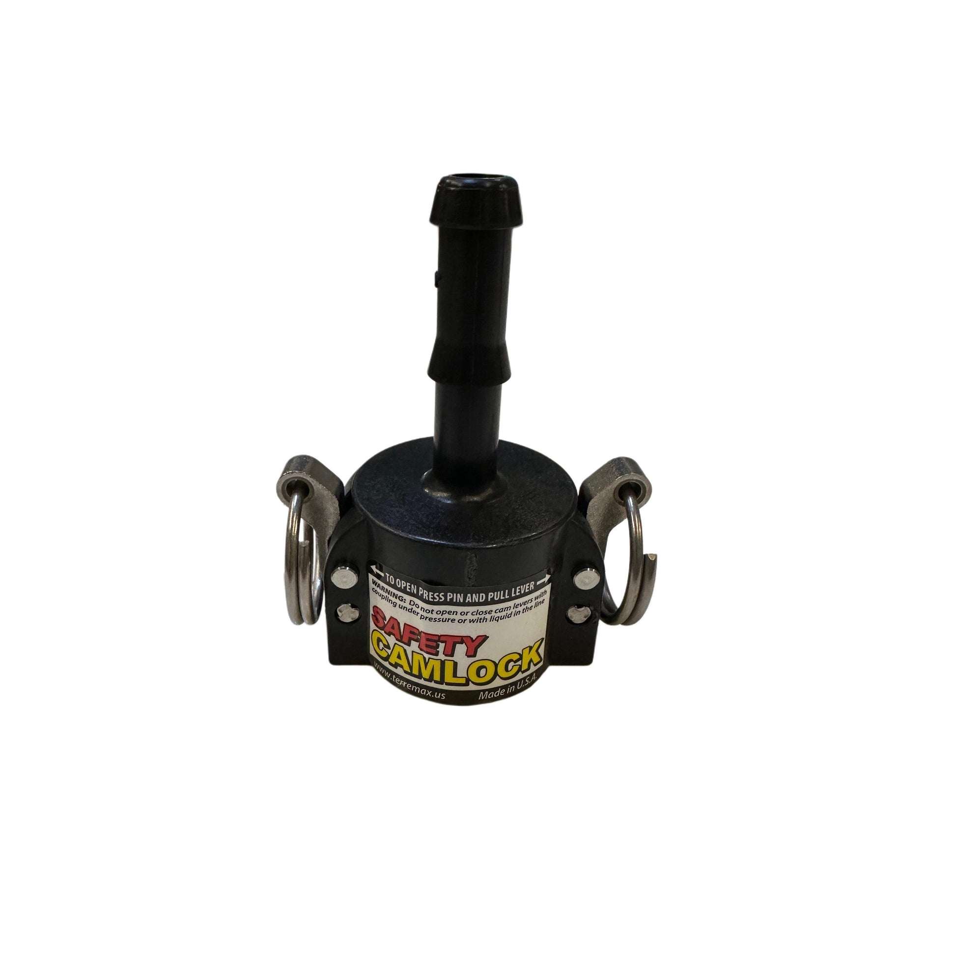 Black SAF050C safety camlock coupling with a barbed hose tail, metal locking levers, and warning label on white background.