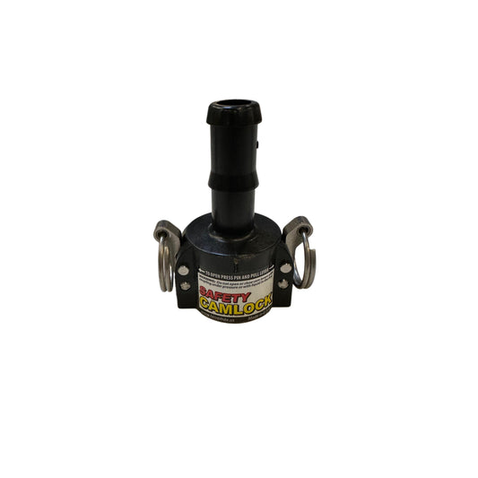 Black SAF100C Safety Camlock coupling with dual stainless steel locking levers and a barbed hose connection end.