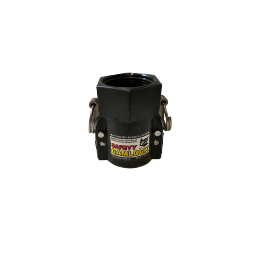 Black SAF125D Safety Camlock coupling with threaded opening, metal locking levers, and safety instruction label.