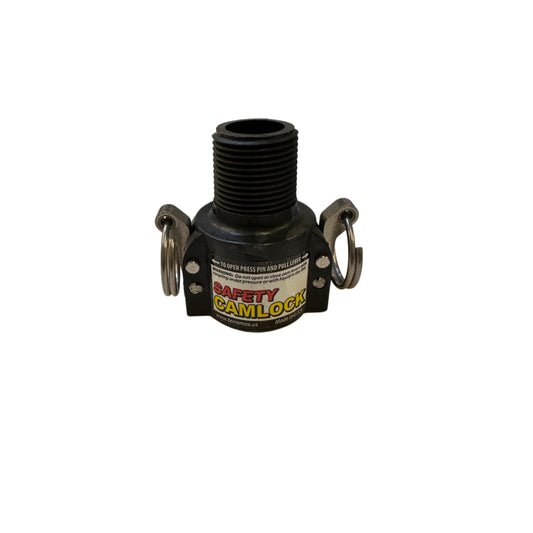 Black polypropylene SAF200B camlock coupling with two metal locking levers and safety warning label on white background.