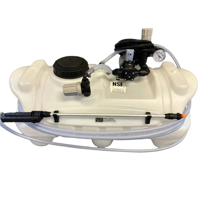 15-gallon white plastic ATV sprayer with Shurflo pump, pressure gauge, and spray wand mounted on the front.