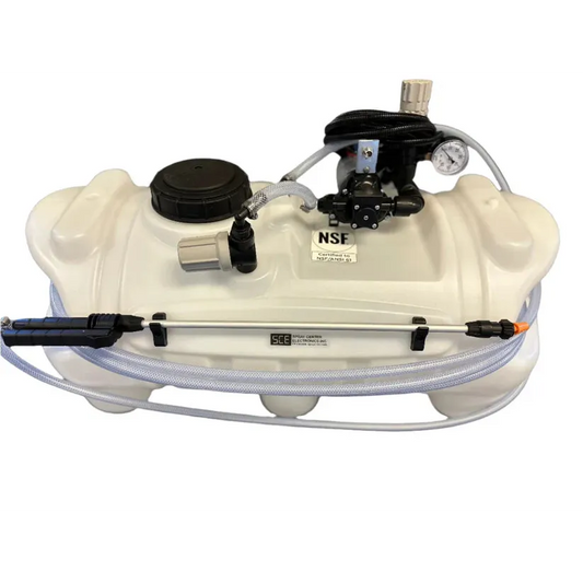 15-gallon white plastic ATV sprayer with Shurflo pump, pressure gauge, and spray wand mounted on the front.