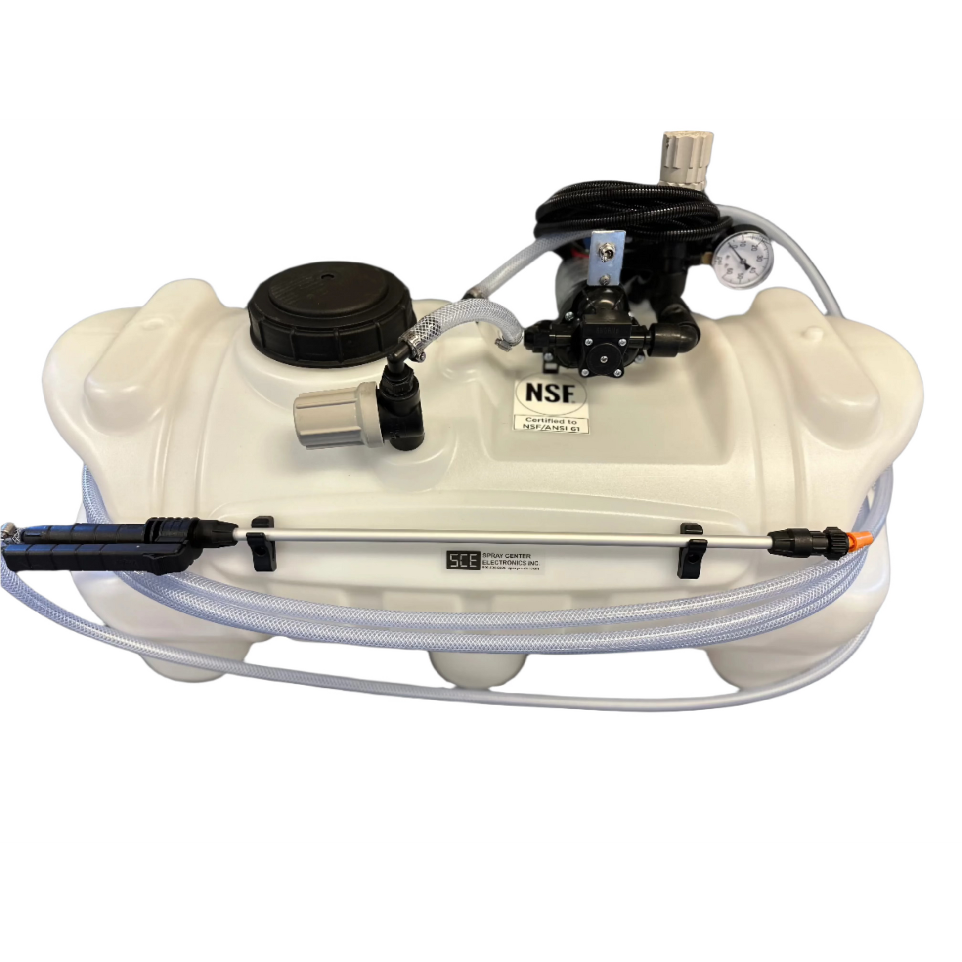 25-gallon white polyethylene ATV sprayer tank with 3GPM Shurflo pump, pressure gauge, and attached spray wand.