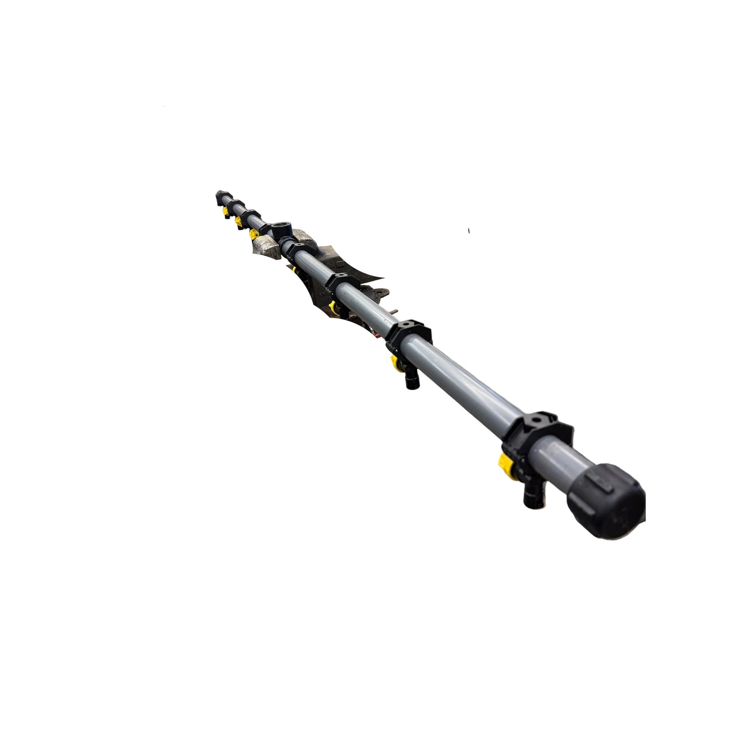 Grey single lane de-ice boom featuring black mounting clamps and yellow spray tips on a white background.