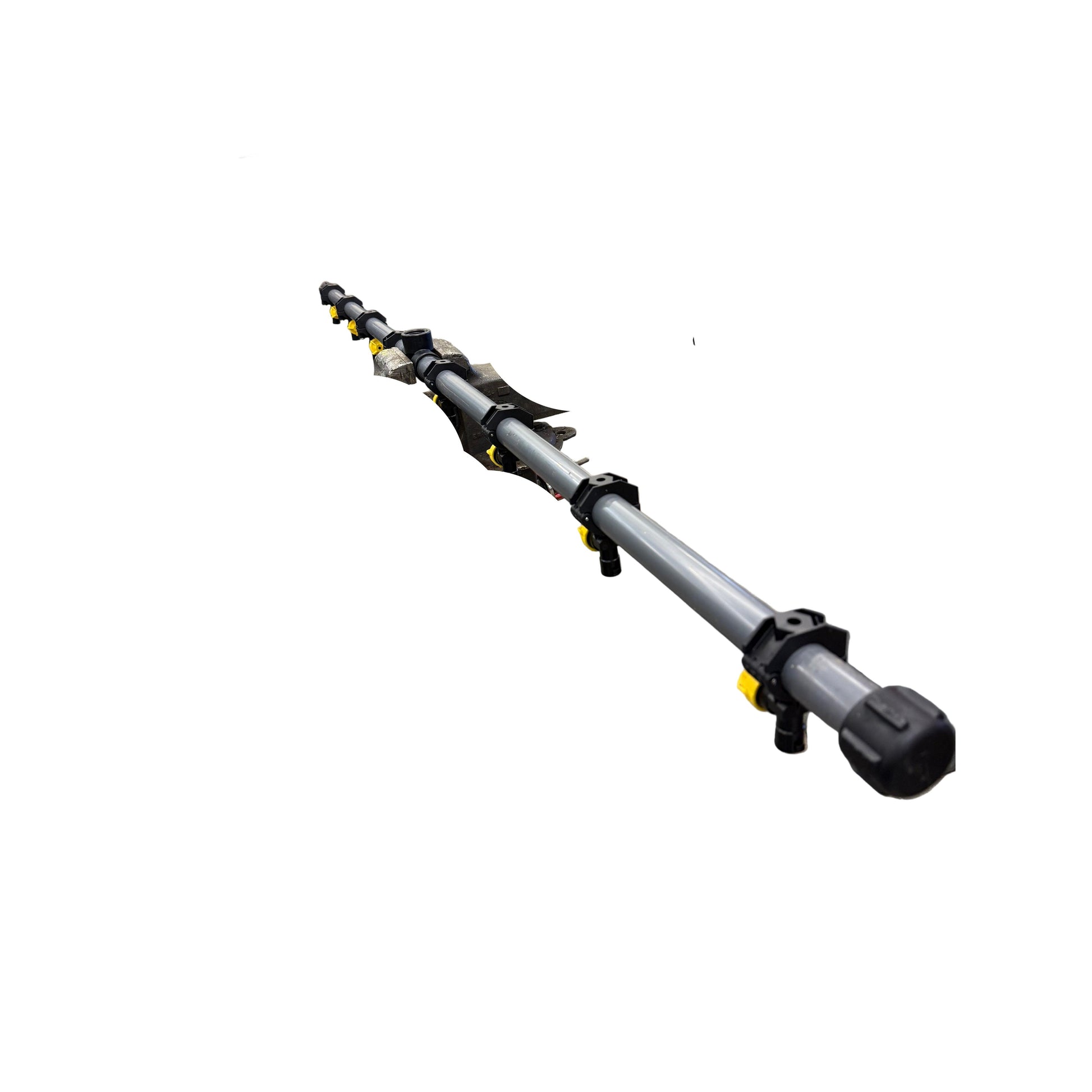 Grey single lane de-ice boom featuring black mounting clamps and yellow spray tips on a white background.