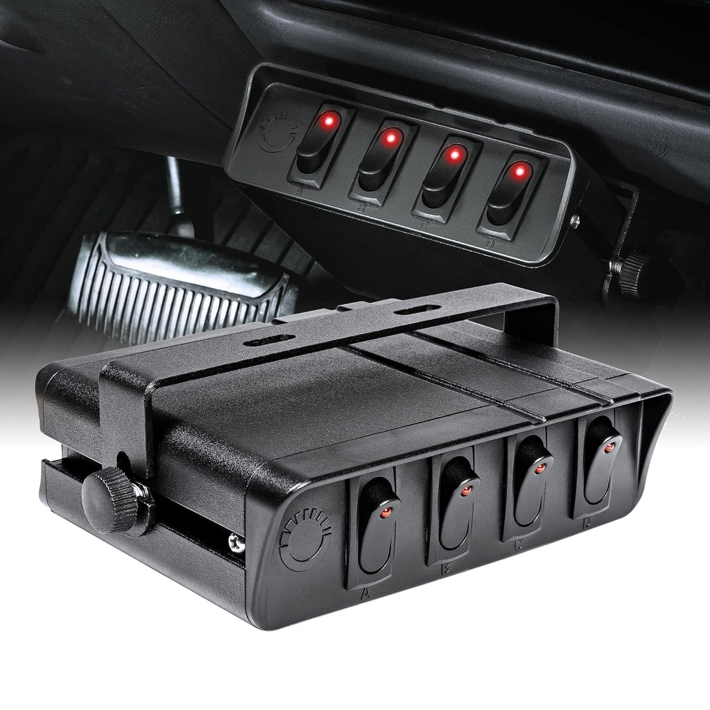 Black four-gang switch box with illuminated red LED toggle switches and adjustable mounting bracket for vehicle dashboards.