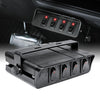 Black four-gang switch box with illuminated red LED toggle switches and adjustable mounting bracket for vehicle dashboards.