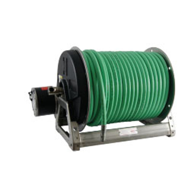 SCEHRKE-300 industrial hose reel with a bright green hose on a sturdy stainless steel frame and black side panels.