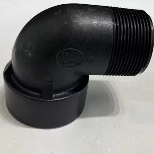 Black plastic 90-degree elbow pipe fitting with a threaded male end and a smooth female socket connection.