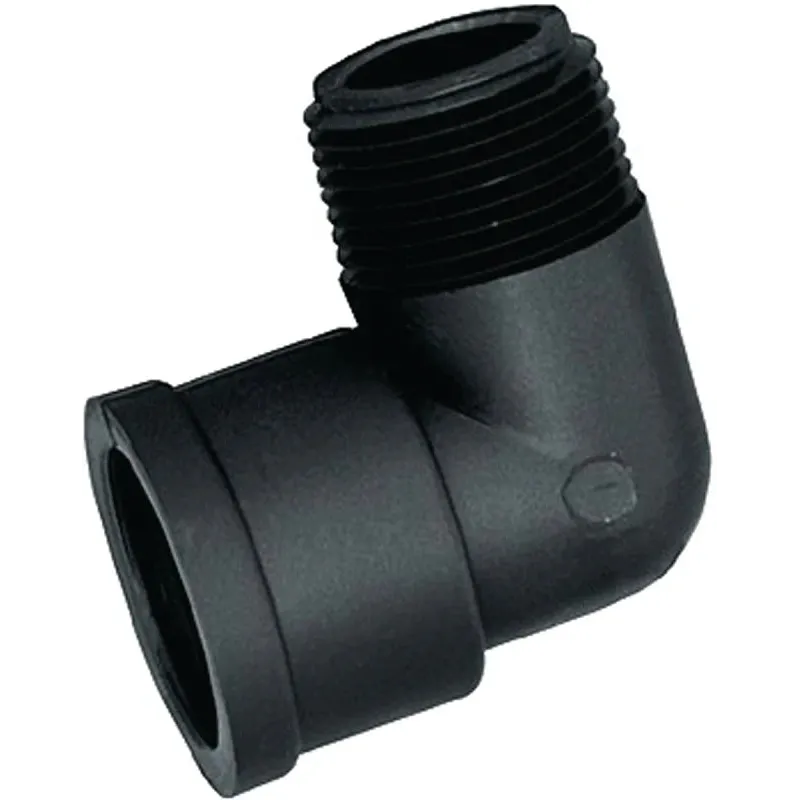 Black plastic 90-degree elbow pipe fitting with a threaded male end and a smooth female socket connection.