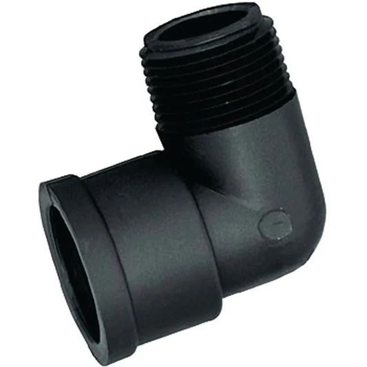 Black plastic 90-degree elbow pipe fitting with a threaded male end and a smooth female socket connection.