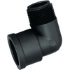 Black plastic 90-degree elbow pipe fitting with a threaded male end and a smooth female socket connection.