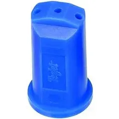 Blue SJ3-03-VP plastic spray nozzle with a three-hole tip design and a wide circular base for industrial applications.
