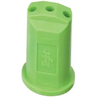 Green TeeJet SJ3-15-VP fertilizer spray nozzle with a three-hole outlet design and durable polymer construction.