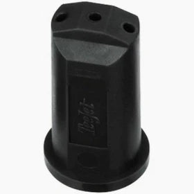 Black TeeJet SJ3-20-VP stream jet nozzle with a three-hole spray tip design for agricultural liquid application.