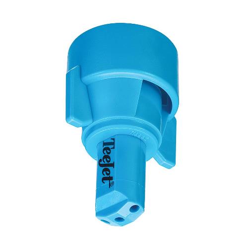 Bright blue TeeJet SJ3-VR-X2.0 variable rate fertilizer nozzle with a durable plastic housing and three-hole spray tip.