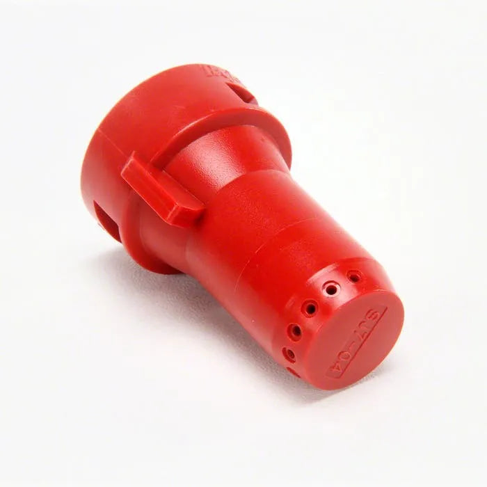 Red plastic SJ7A-04-VP spray nozzle with a tapered cylindrical body and a multi-hole circular spray head.