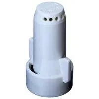 White plastic SJ7A-08-VP spray nozzle with a cylindrical body, side wings, and a multi-hole perforated top cap.