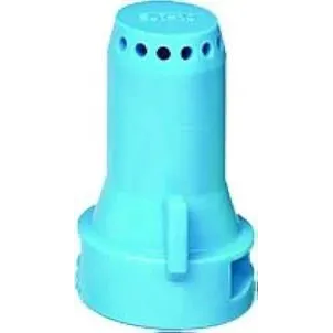 Light blue SJ7A-10-VP plastic nozzle with a cylindrical body and a perforated top for controlled spray distribution.