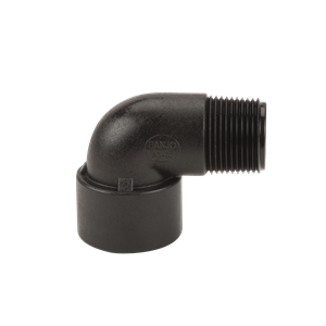 Black Banjo SL200-90 90-degree elbow pipe fitting with a threaded male end and a smooth female socket connection.