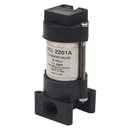 SV.2201A.WP 12V solenoid valve with a cylindrical metal body, black plastic housing, and threaded port base.