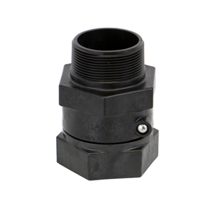 Black Banjo SW220 polypropylene threaded pipe fitting with a hexagonal base and male threaded top.