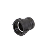 Black plastic TA283QD threaded pipe adapter with a white internal sealing ring for plumbing connections.