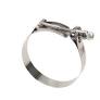 Stainless steel worm gear hose clamp with an adjustable screw mechanism for secure fastening.