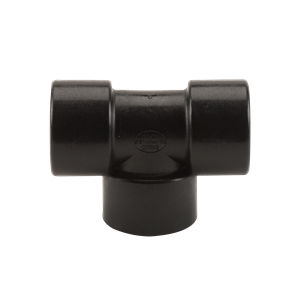 Black polypropylene T-shaped pipe fitting with three smooth slip-fit ports for plumbing connections.
